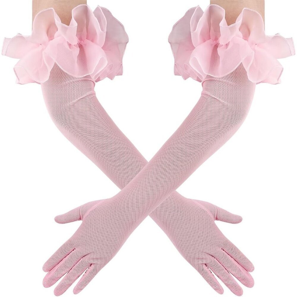 Women's Long Pink Ruffle Puff Cuff Sleeve Mesh Gloves Wedding Party Costume